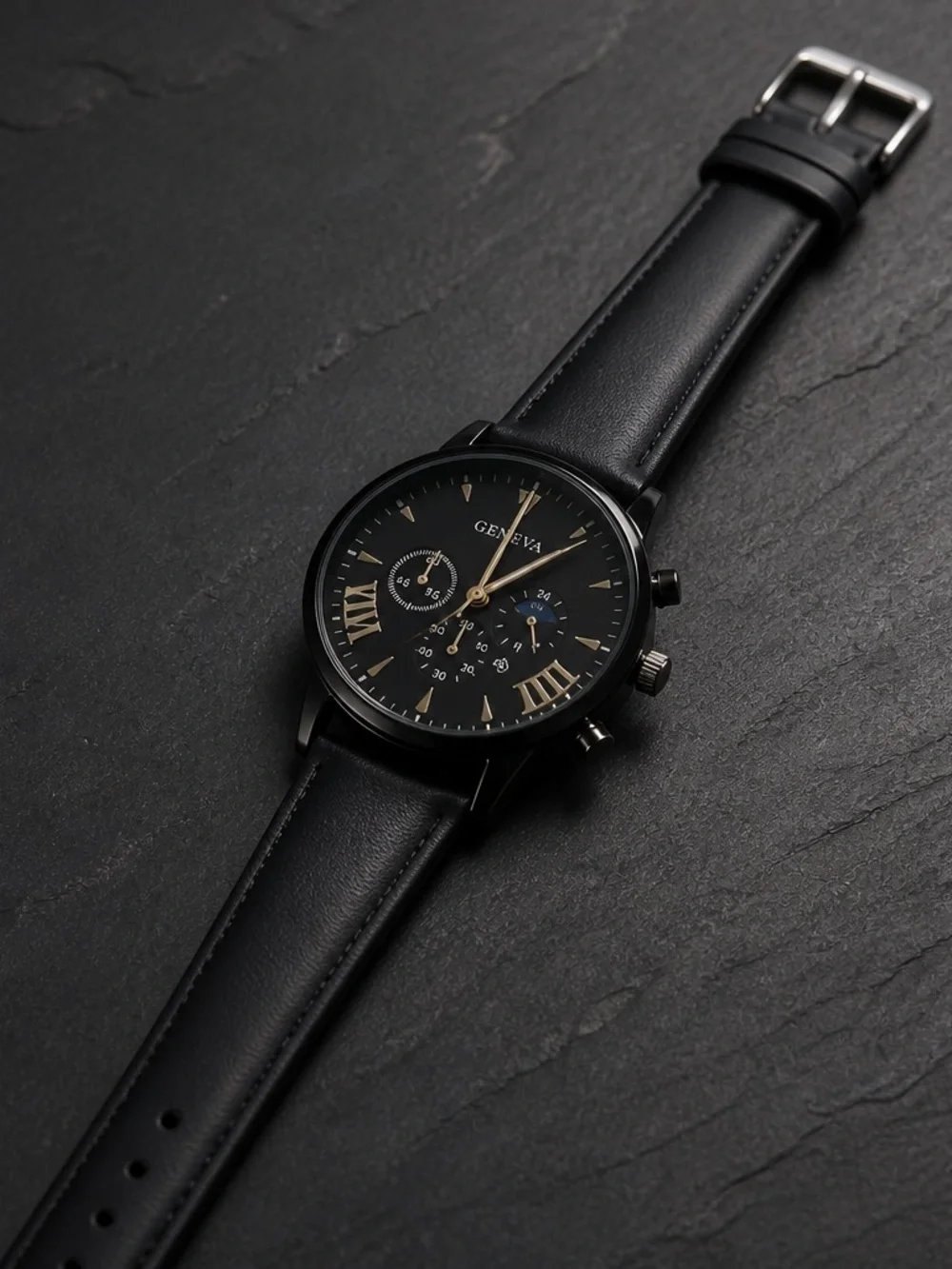 Geneva Men’s Midsize Black Leather Band Roman Numerals Case 44mm